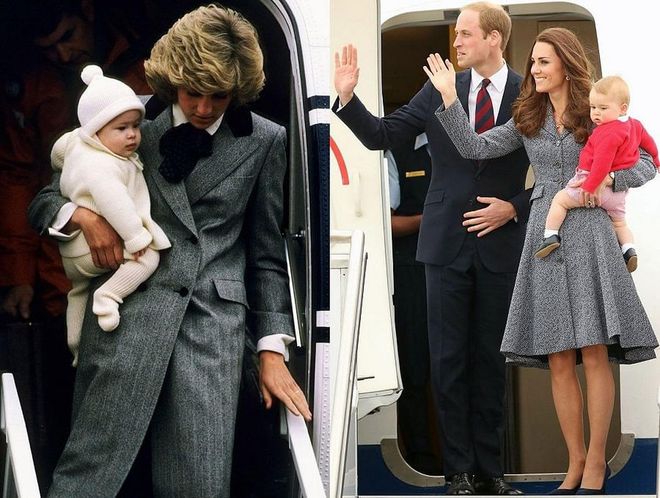 Diana carries a young Prince Harry off a plane at Aberdeen airport in Scotland in 1985; Kate, William and Prince George board their flight from Australia on the final day of the Royal Tour of Australia and New Zealand, 2014.