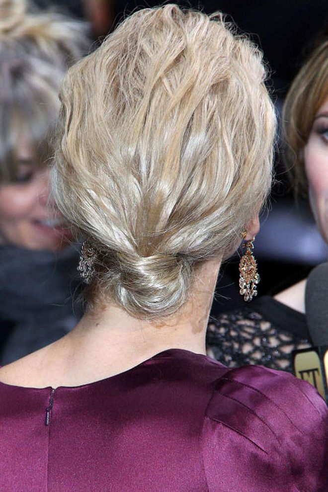 The more lumps and bumps here, the better. We love the way Jennifer Lawrence's wavy crown is tucked perfectly into a refined square shape at the nape of her neck. Photo: Getty