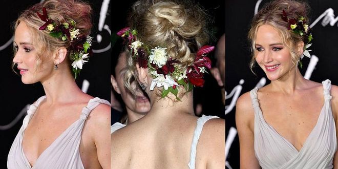 Sometimes the best hair accessory isn't a flower pin—it's just flowers...affixed to pins. Jennifer Lawrence wore an entire bouquet in her hair for a premiere of her film Mother!.