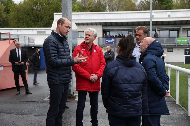 Meeting representatives from Spartan FC who helped distribute local food parcels, during a visit to Spartans FC's Ainslie Park Stadium on May 21, 2021 in Edinburgh, Scotland. (Photo: Getty Images)