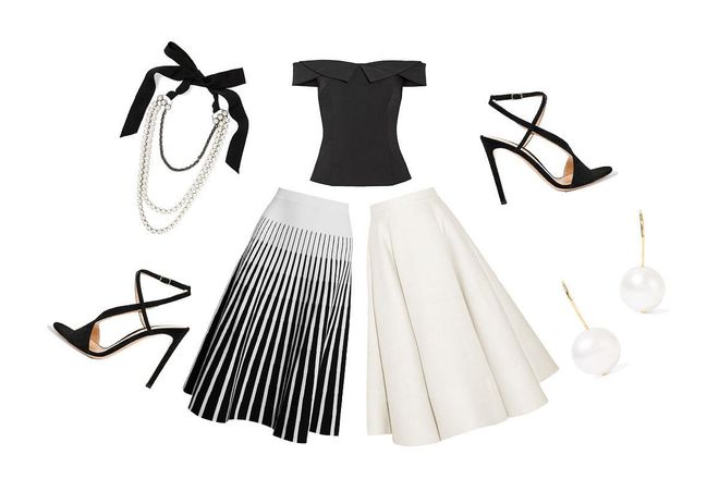 Clockwise from top left: silver-plated faux-pearl necklace, $1865, Lanvin at Net a Porter; stretch tech-jersey top, $588, Opening Ceremony at Net a Porter; suede sandals, $1229, Gianvito Rossi at Net a Porter; gold-plated pearl earrings, $195, Aurélie Bidermann at Net a Porter; wool and silk-blend midi skirt, $3220, Roksanda at Net a Porter; striped jersey skirt, $1125, Tomas Maier at Net a Porter.