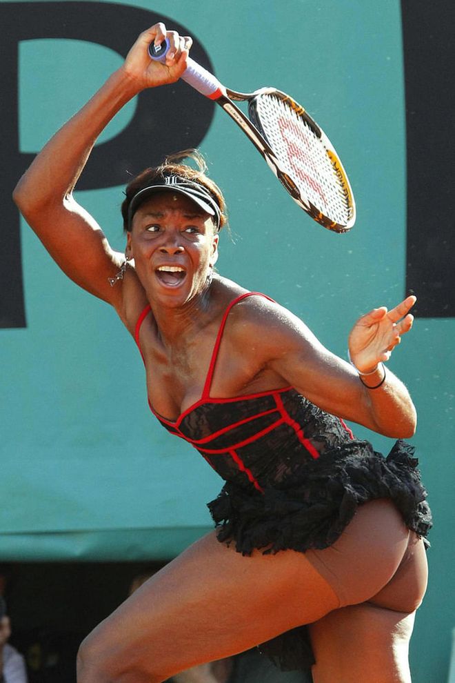 Venus Williams designed the black lace tennis dress she wore when she defeated Patty Schnyder while distracting everyone else with her revealing attire. Williams wore flesh-colored boy shorts underneath, which scandalised the public even more, but that was all part of the plan. "Like, you can wear lace, but what's the point of wearing lace when there's just black under?" she said. The illusion of just having bare skin is definitely, for me, a lot more beautiful.