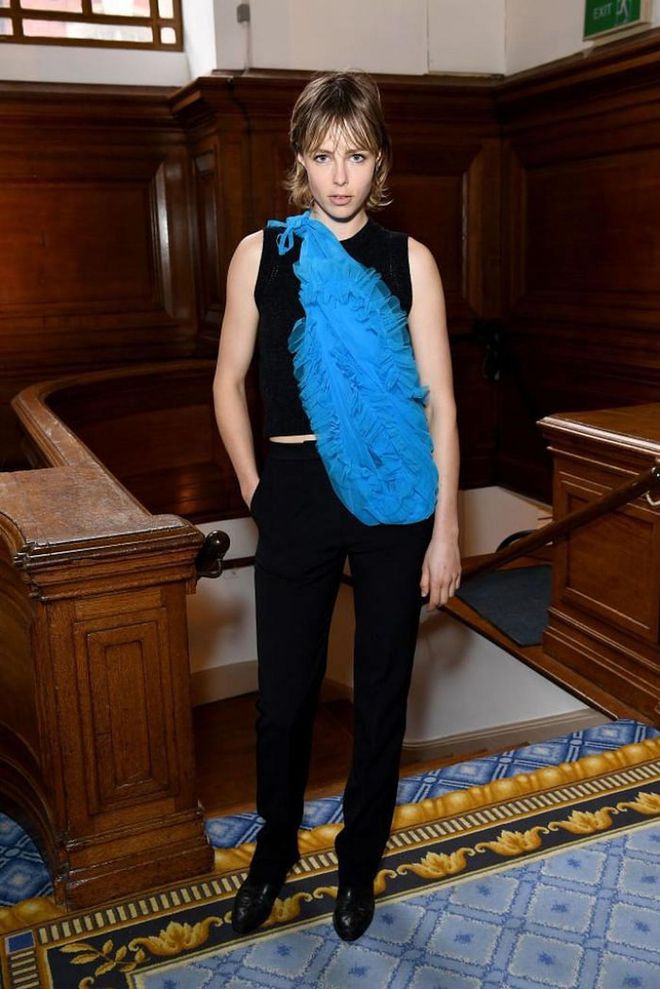 Edie Campbell brightened her black top and trousers with a jolt of colour.

Photo: Jeff Spicer / BFC / Getty