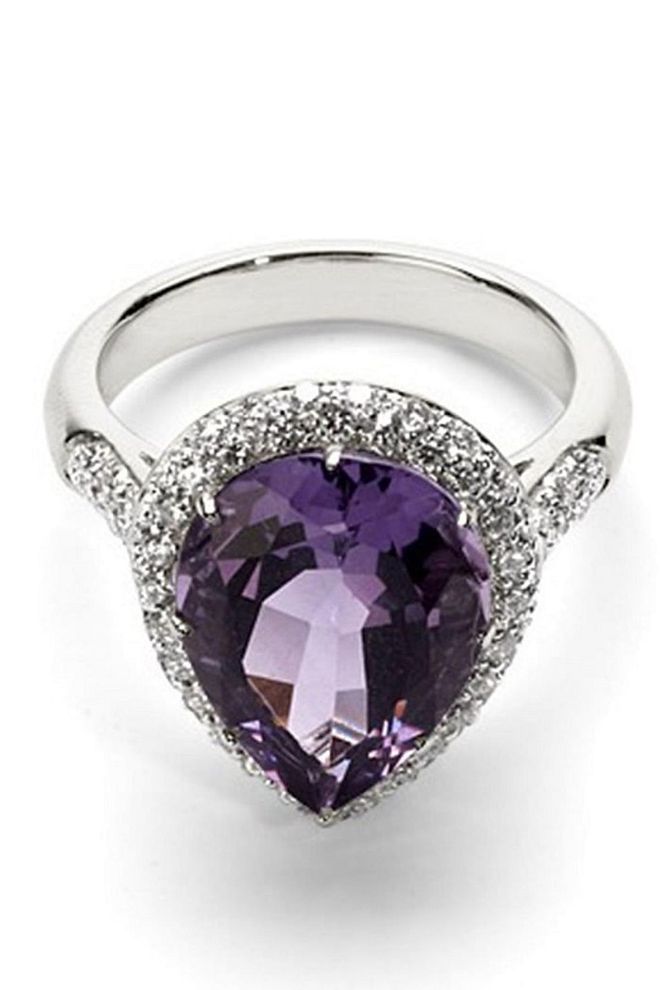 This teardrop amethyst engagement ring is dazzling with its 96-diamond setting. Aspinal of London Amethyst Ring, S$6,115