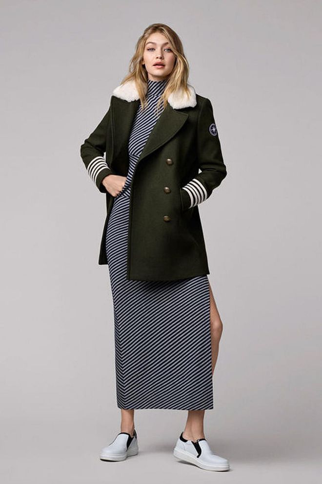 Slim-fit military pea coat, striped dress and slip-on trainers