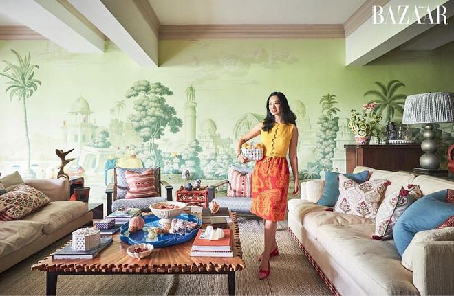 Long showing her love of antique ceramic citruses in a Lang Originals dress and Camilla Elphick slingbacks.