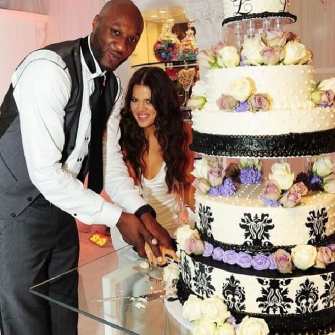 Kardashian and Odom's wedding cake, made by Hansen's Cakes in Los Angeles, was a five-tiered, sleek black and white creation, filled with chocolate buttercream and white chocolate chips. Oh, and bonus — it was even taller than Odom. Now that's impressive. Photo: Instagram