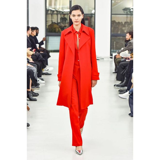 One of the first vibrant red looks of the week, at Theory.