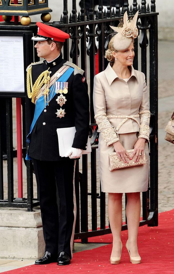Sophie chose a neutral look for Will and Kate's royal wedding in 2011. Here she is alongside Prince Edward, who looked quite dashing in his military uniform for the big day.
Photo: Getty