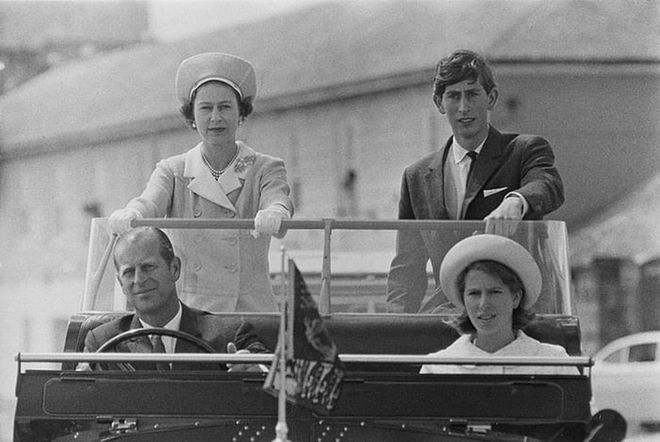 Queen Elizabeth, Prince Philip, Prince Charles, and Princess Anne visiting the Isles of Scilly.