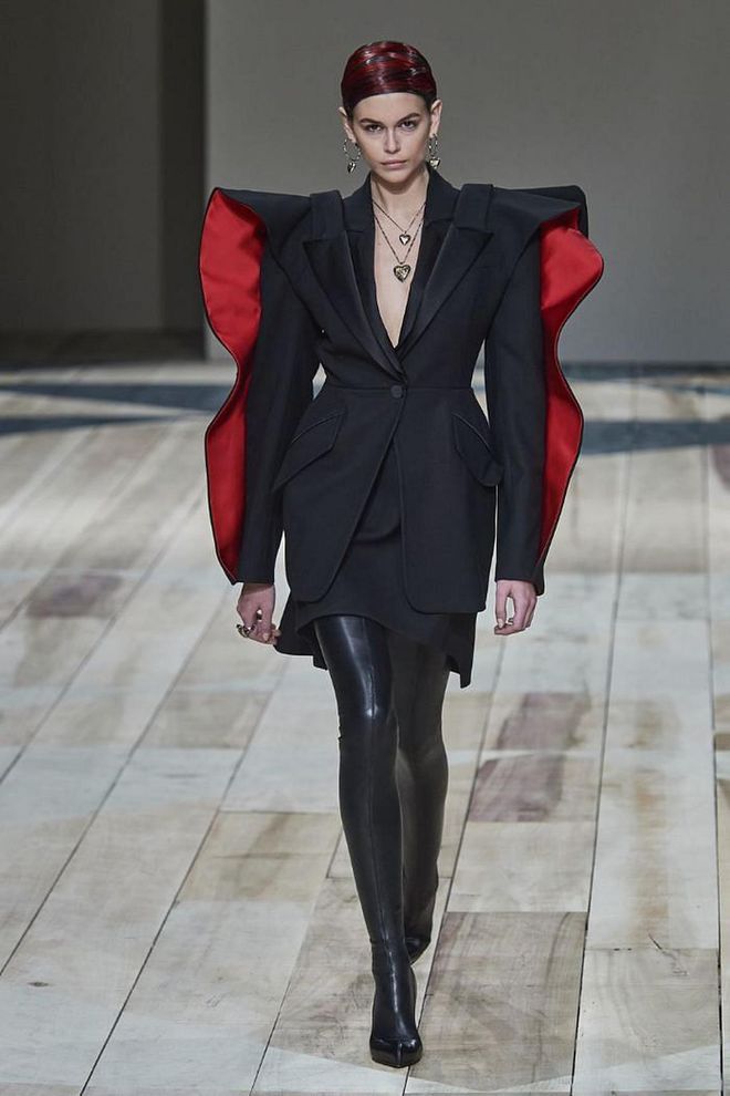 Sarah Burton said she wanted this collection to be “really grounded, bold, and heroic,” and I think that is exactly what we all need right now. Kaia Gerber embodies the modern McQueen warrior woman with her graphic tailored jacket and skinny legging pant in black (the color of the season), accented with the Welsh bold red, which signifies protection, healing, and strength—three things we are all craving in this uncertain time. —Joanna Hillman, Style Director

Photo: Carloto Scarpato / IMAXTREE