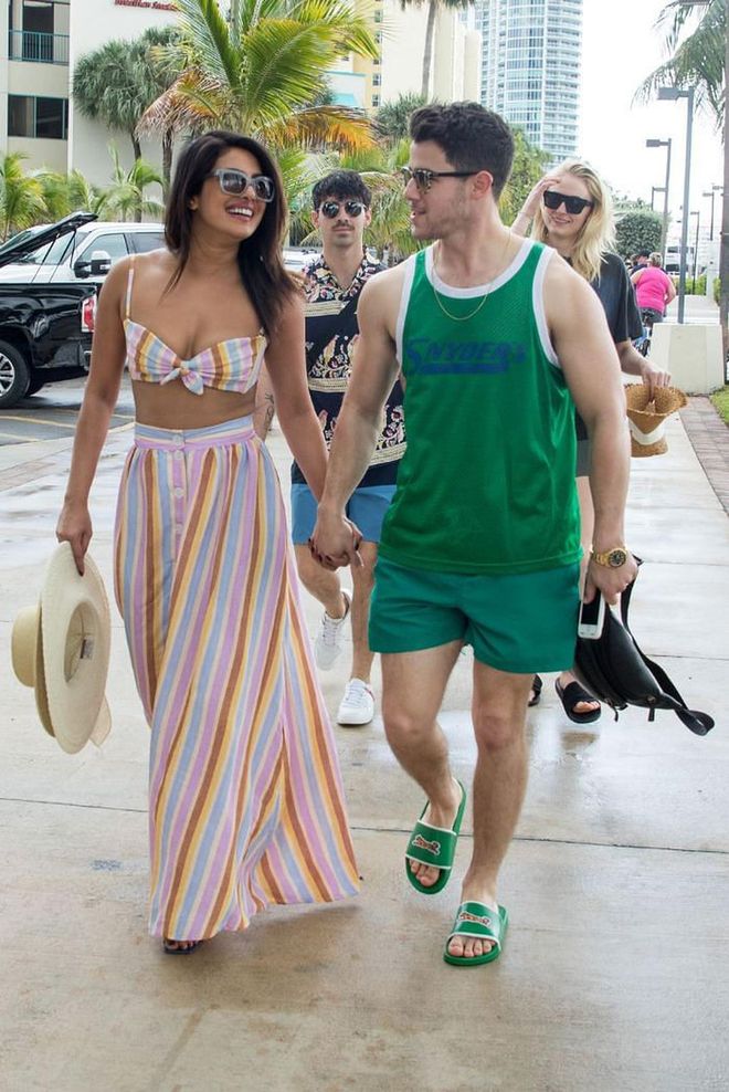 For a Jonas family Miami vacation, Priyanka donned a colorful rainbow-striped bra top and skirt.

Photo: Splash News