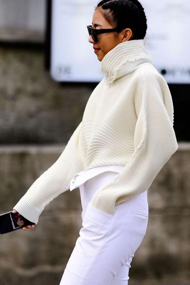 White trousers and a heavy gauge knit are the perfect winter white combo.