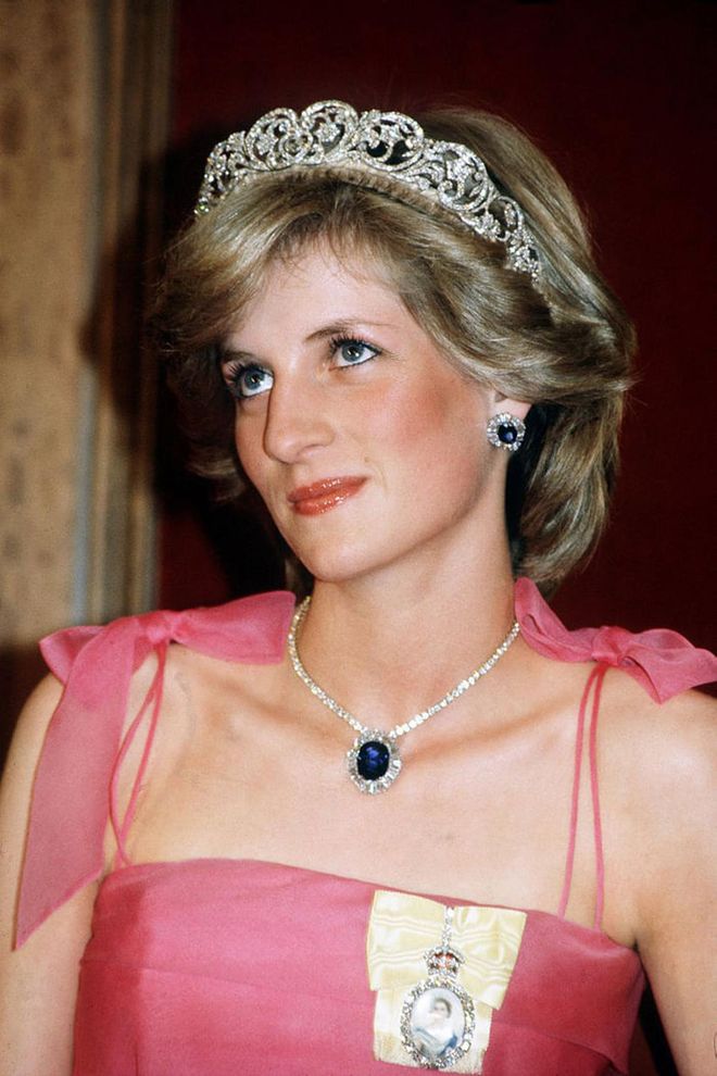 A wedding present from the Saudi royal family, this set featured a diamond necklace, bracelet, and earrings as well as a watch and a ring, all decorated with deep blue sapphires to complement Diana's 12-carat sapphire engagement ring. Though the engagement sapphire itself went to Kate, Harry gifting another of Diana's sapphires to his new bride would be a beautiful way to keep the family tradition alive.

Photo: Getty 