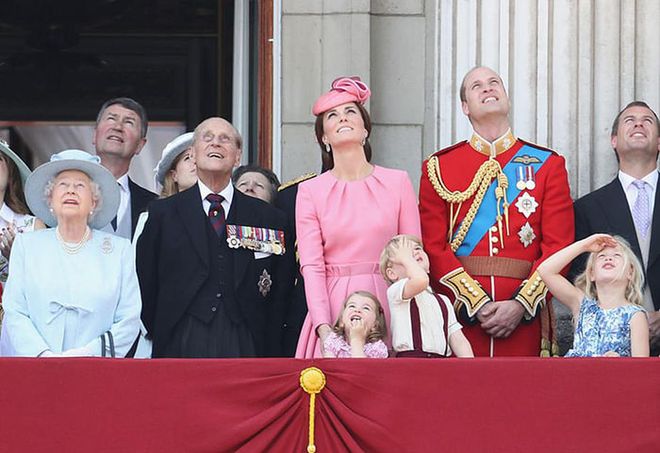 The Queen, Prince Philip, Duchess Kate, Princess Charlotte, Prince George, and Prince William during the Trooping the Colour parade.