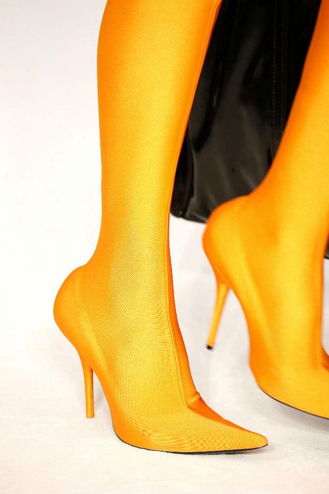 Seen in: Paris Fashion Week SS17 // Reason to love: Balenciaga's Spandex pair in a bright egg-yolk yellow is shaped in a pointed stiletto. This pair hits all the right notes when it comes to footwear that's sexy, chic, and mood-elevating all at the same time (Photo: Getty)