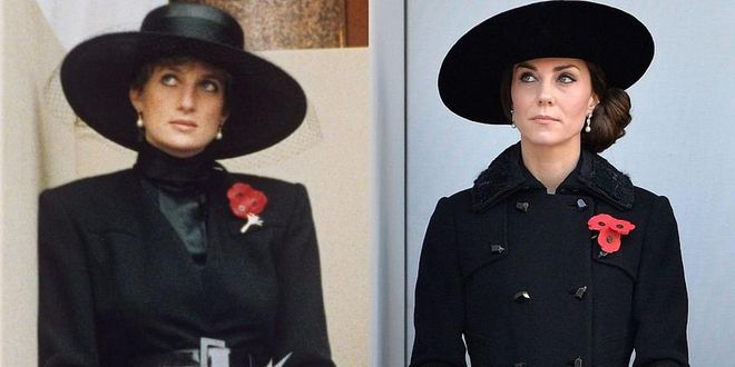 Diana at the Remembrance Sunday Service in 1991; Kate in a Diane Von Furstenberg coat at the same service in 2016.