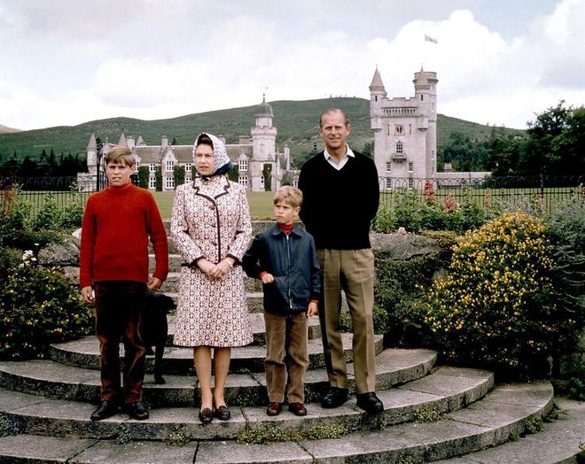 The Queen and Prince Philip pose for a photo with Prince Andrew and Prince Edward at Balmoral Castle.
Photo: Getty 