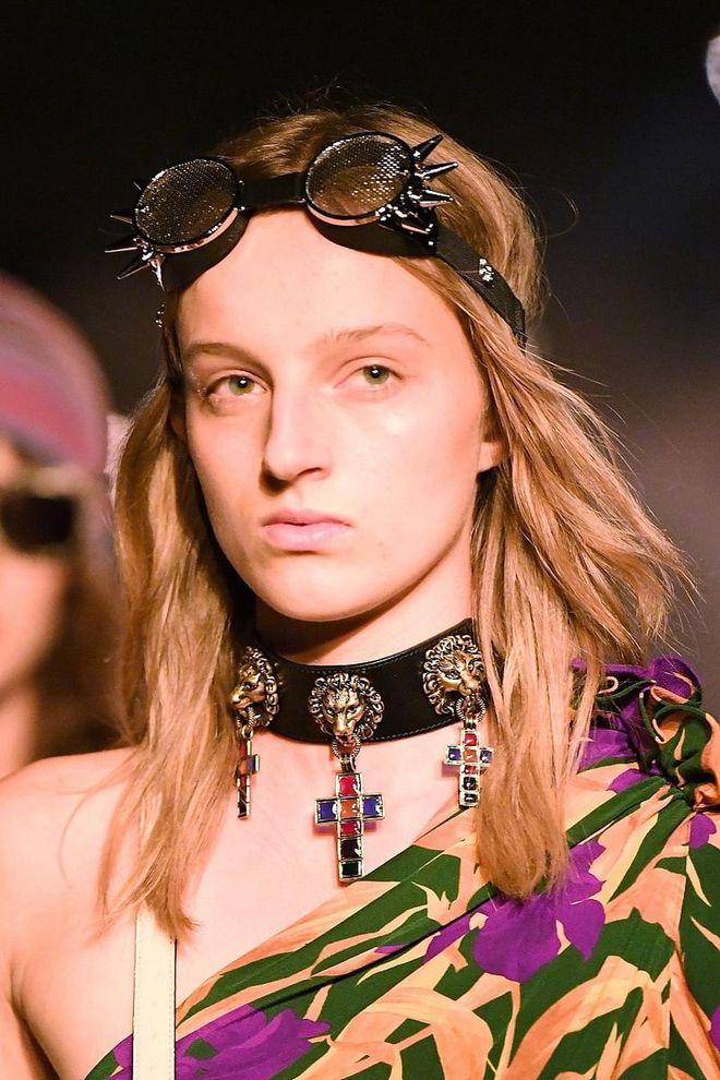 It's all about dew at Gucci's Cruise show. The emphasis on on the skin. Even out the skin tone with a glowy foundation and nothing else on the face except for heaps of cream highlight on the cheeks and temples. Photo: Getty 