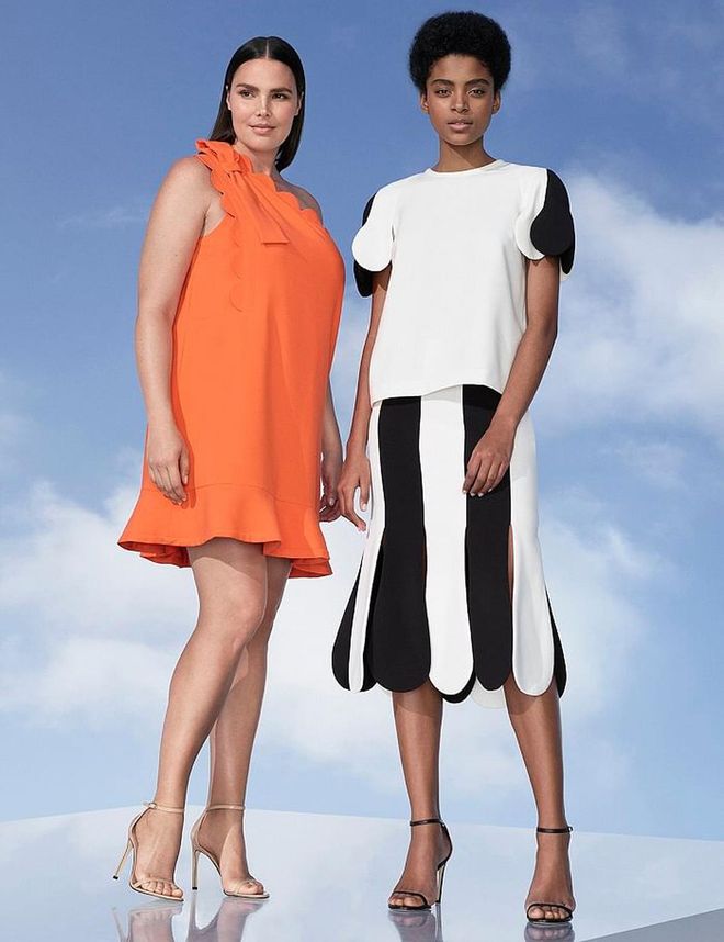 Women's Plus Orange One-Shoulder Dress, $40; Women's White Scallop Sleeve Top, $28; Women's Black and White Striped Skirt, $30. Photo: Target 