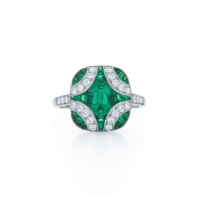 Vintage emerald and diamond ring set in 18k white gold, $14,400, Kwiat.com.
