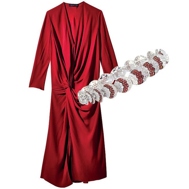 Indulge in the season's festive hues. From a spessartite garnet-emblazoned bracelet to a figure-flattering draped
red dress, a rich, decadent
crimson piece is all you need to stand out from the crowd. (Dress, $2,115, Maria Grachvogel. Spessartite tennis bracelet, Mouawad)
