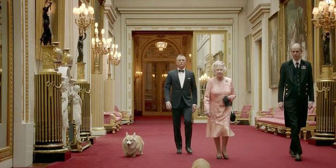 For the London Olympics Opening Ceremony, the Queen filmed a short sketch with Daniel Craig as James Bond, which made it look like she parachuted into the arena. Photo: London Olympics 