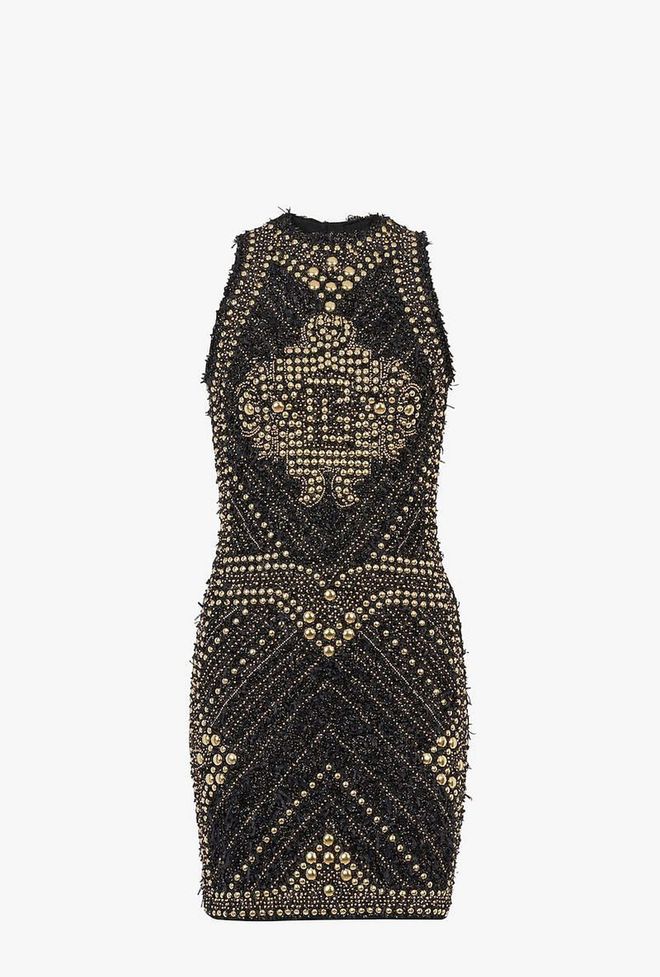 Short Black Tweed Dress With Embroidered Gold-Tone Studs, $4.250, Balmain
