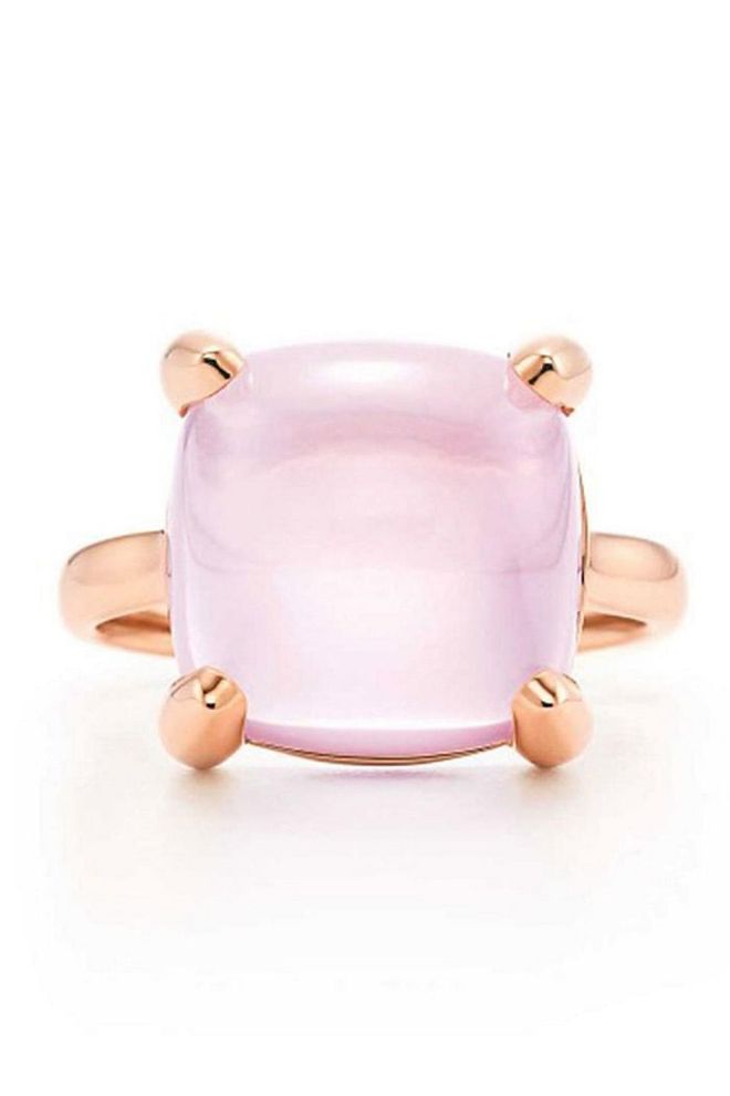 This smooth rose-quartz gemstone sits beautifully against its rose gold ring setting. Tiffany Rose Quartz Ring, S$2,448