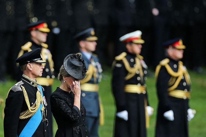 Britain's Sophie Countess of Wessex Gestures as she watches the state funeral of the queen