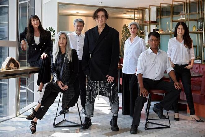 Former model Pat Kraal (far left) and founders Beatrice Andre-Besse (second from left) and Brandon Barker (fourth from left) launch international modelling agency for models over 50. (Photo: Ng Sor Luan/The Straits Times)