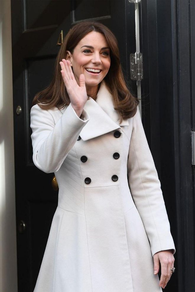Kate wore a Reiss peacoat during her visit to Jigsaw.

Photo: Getty