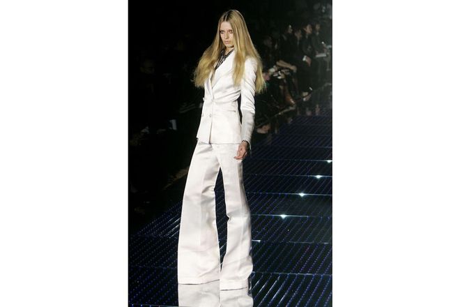 Former Gucci designer Frida Giannini was vocal about her Bowie respect. Witness her Fall 2006 Gucci runway, from the white suits paying homage to the Thin White Duke and bug-eye sunglass and velvet ensembles from Seventies-era Bowie to all those golden lamé looks. ; Photo: AP