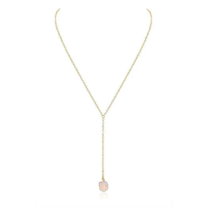 Raw Rainbow Moonstone Crystal Lariat Necklace - 14k Gold Fill, $83, Luna Tide