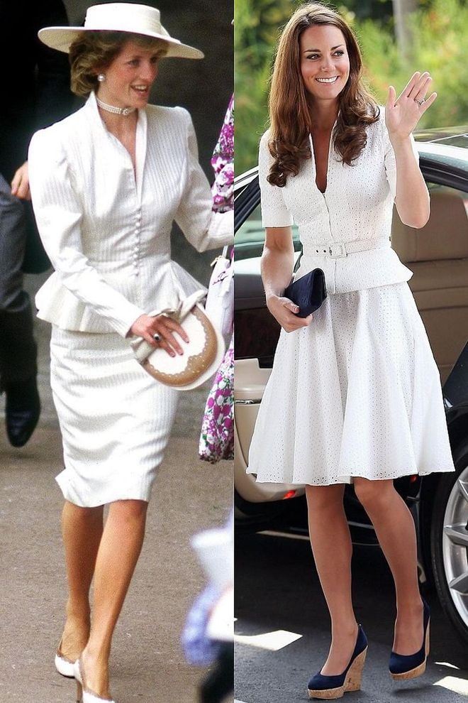 Diana at the Royal Ascot in June 1986; Kate in Singapore during the Diamond Jubilee Tour in September 2012.