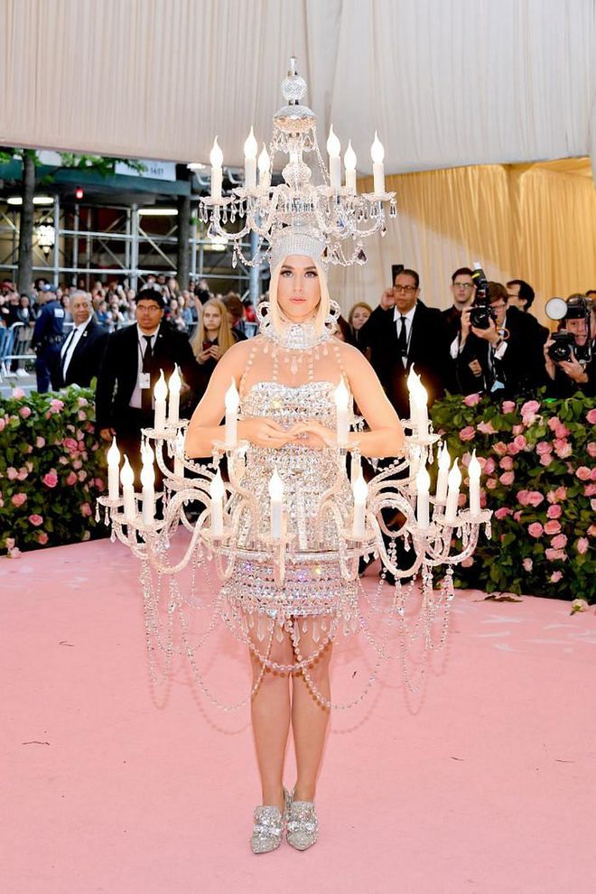 In custom Moschino crystal chandelier light up dress made with 7,000 crystals and crystal lighting components from Swarovski. 
Photo: Getty