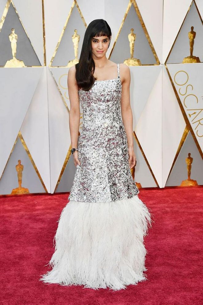 Newcomer Sofia Boutella brought the shine to the red carpet in this sequin and feathered gown from Chanel Haute Couture, cementing her status as one to watch.