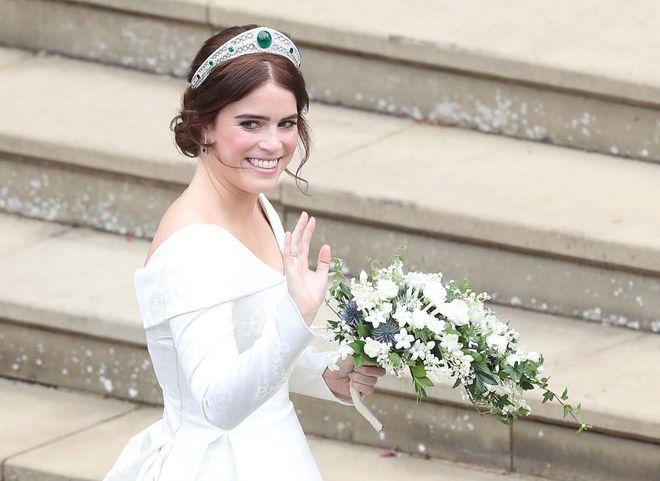 Princess Eugenie went for a twisted chignon hairstyle and a bold-brow makeup look.