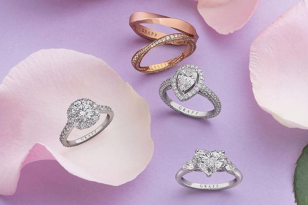 GRAFF SPIRAL COLLECTION: Rose gold ring; rose gold and pavé diamond ring, from $3,000. White gold and 1.01-carat pear-shaped diamond Constellation ring; white gold and 1.11-carat round diamond Icon ring; white gold and 2.01-carat heart-shaped diamond Promise ring. (Photo: Ching)