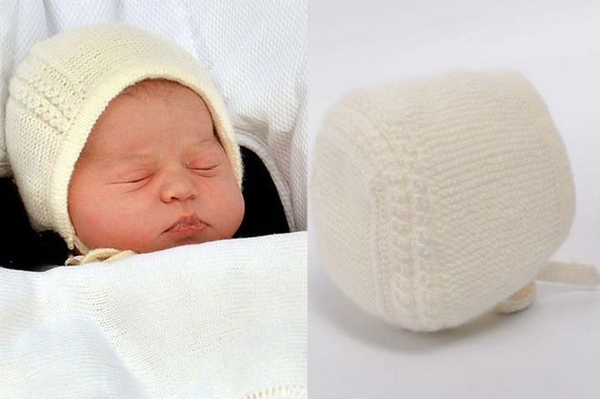 Rumor has it that the Spanish royal nanny, Maria Teresa Turrion's, mother purchased this Spanish-brand bonnet for Princess Charlotte's reveal at the steps of the Lindo Wing at St. Mary's Hospital, London. Photo: Getty