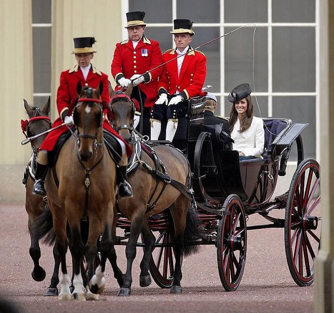 Kate leaves Buckingham Palace in a horse-drawn carriage at Trooping the Colour, June 2011. Photo: Getty