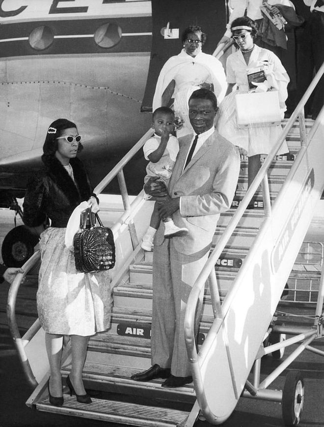 The jazz singer and his wife with their daughter, Carol, on the tarmac at Nice Airport in August, 1960. 

Photo: Getty 