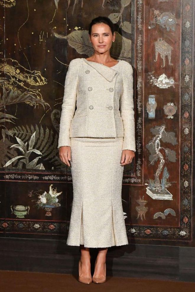 Virginie Leyoden looked elegant in her two-piece tweed look.

Photo: Getty