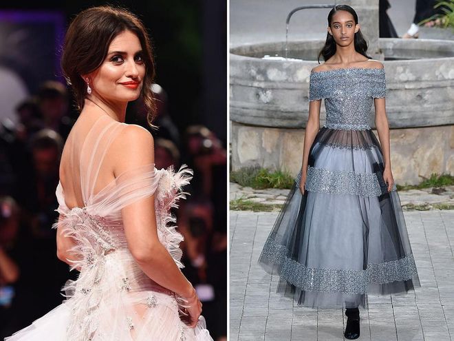 As one of the fashion house's current ambassadors, it seems only natural for Penélope Cruz to wear Chanel couture. Presenting at this year's awards, we can imagine Cruz wearing this shimmering sheer design from the fashion house's most recent couture show.