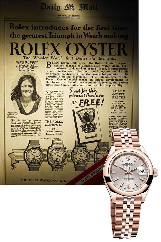 English Channel swimmer Mercedes Gleitze gave the water-resistant Rolex Oyster instant street cred—in fact, she introduced the world to the idea of brand ambassadorship. Today's ladies Datejust retains much of the original's aesthetic, including the distinctive dial with hour markers made of 18K gold (the current covetable version is available in Everose pink gold).

Lady Datejust 28 in Everose, USD25,650; rolex.com