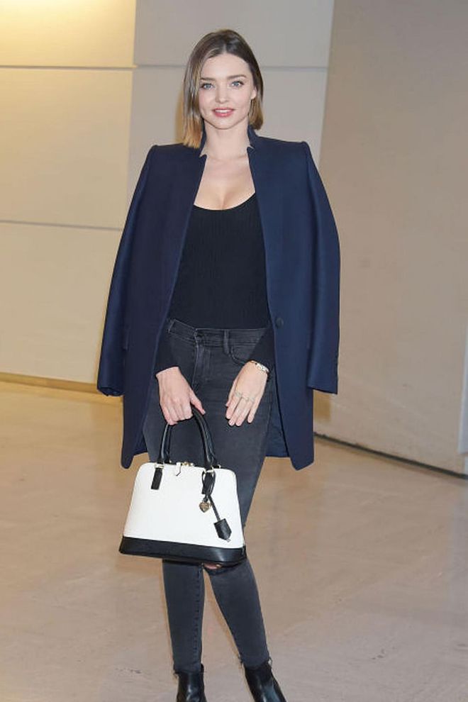 Mix your jeans with a touch of tailoring if you want to smarten up your airport style like Miranda Kerr. Photo: Getty