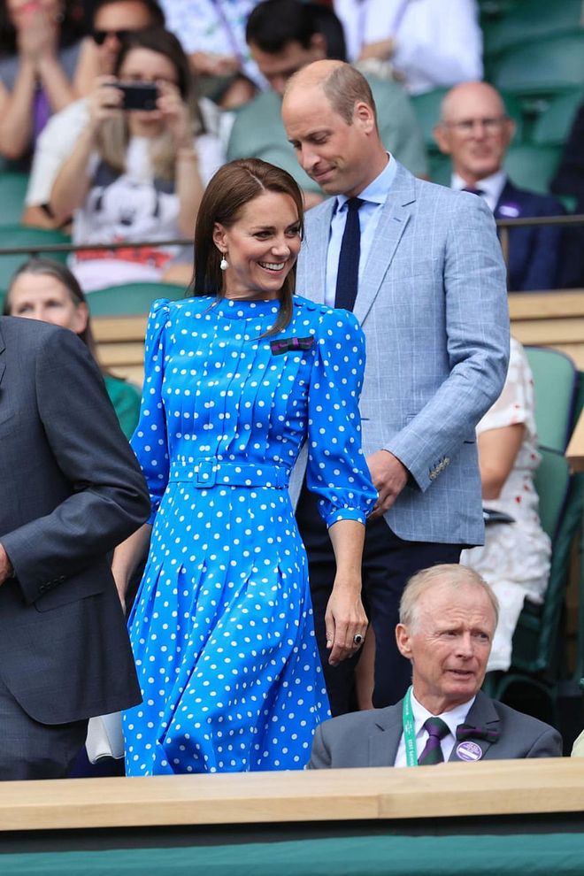 Kate wears her Alessandra Rich midi dress during a Wimbledon appearance in 2022.