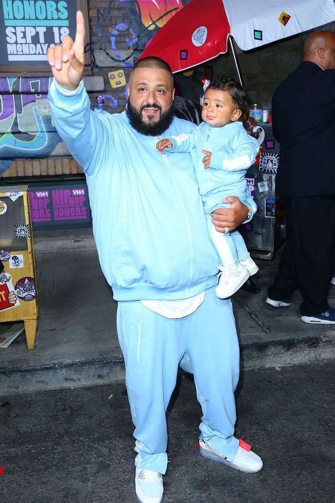 Another one! In another father-son look, DJ Khaled and his tiny tot Asahd wore matching baby blue tracksuits and white sneakers. Photo: Getty