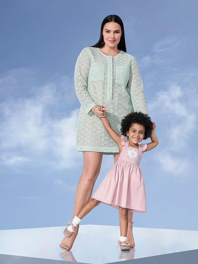 Women's Plus Lace Dress, $40; Toddler Girls' Blush Ruffle Dress, $20. Photo: Target