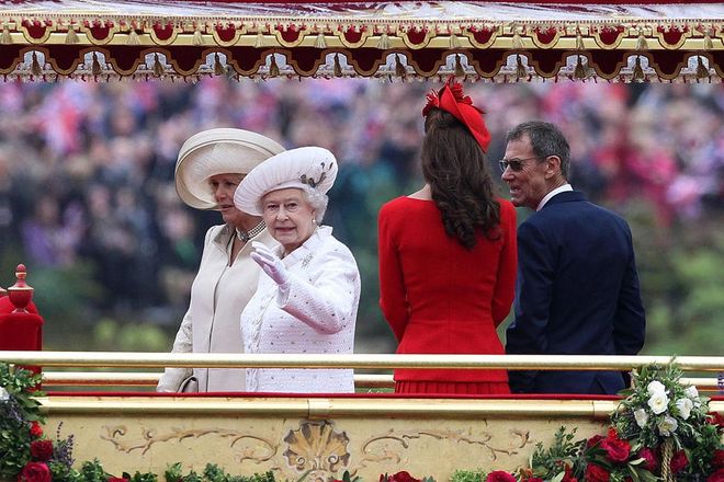 The Queen, the Duchess of Cornwall and the Duchess of Cambridge celebrate the Diamond Jubilee on the Thames River Pageant, June 2012.